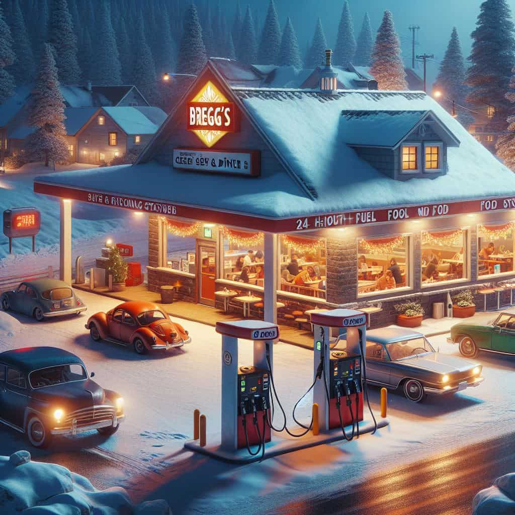 Breggy's 24 hour food and fuel stop at night during the winter with snow on the roof