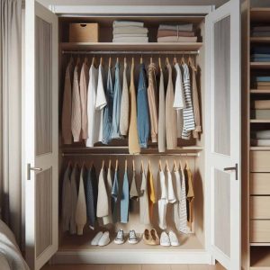 two closet doors open with shirts hanging on two horizontal racks