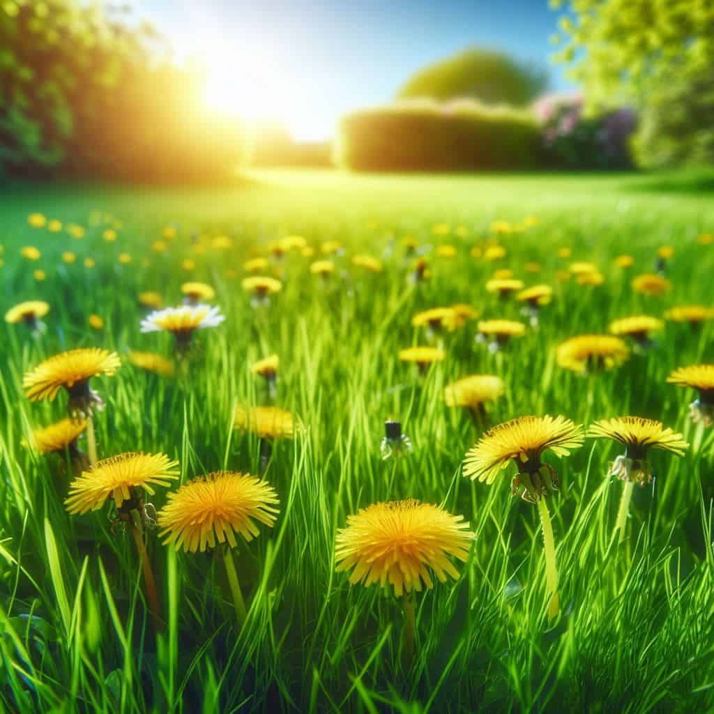dandelions in a green grass lawn with the sun rising in the background
