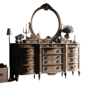 brown wooden dresser with 9 drawers and a round mirror