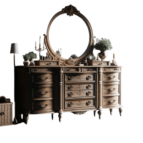 brown wooden dresser with 9 drawers and a round mirror